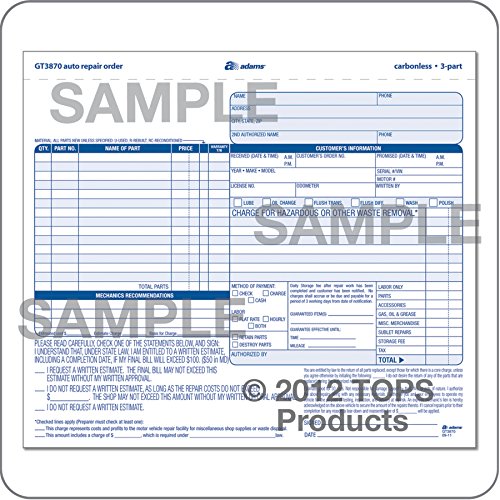 Adams Auto Repair Order Forms 8.5 x 7.44 Inch 3Part Carbonless 50Pack