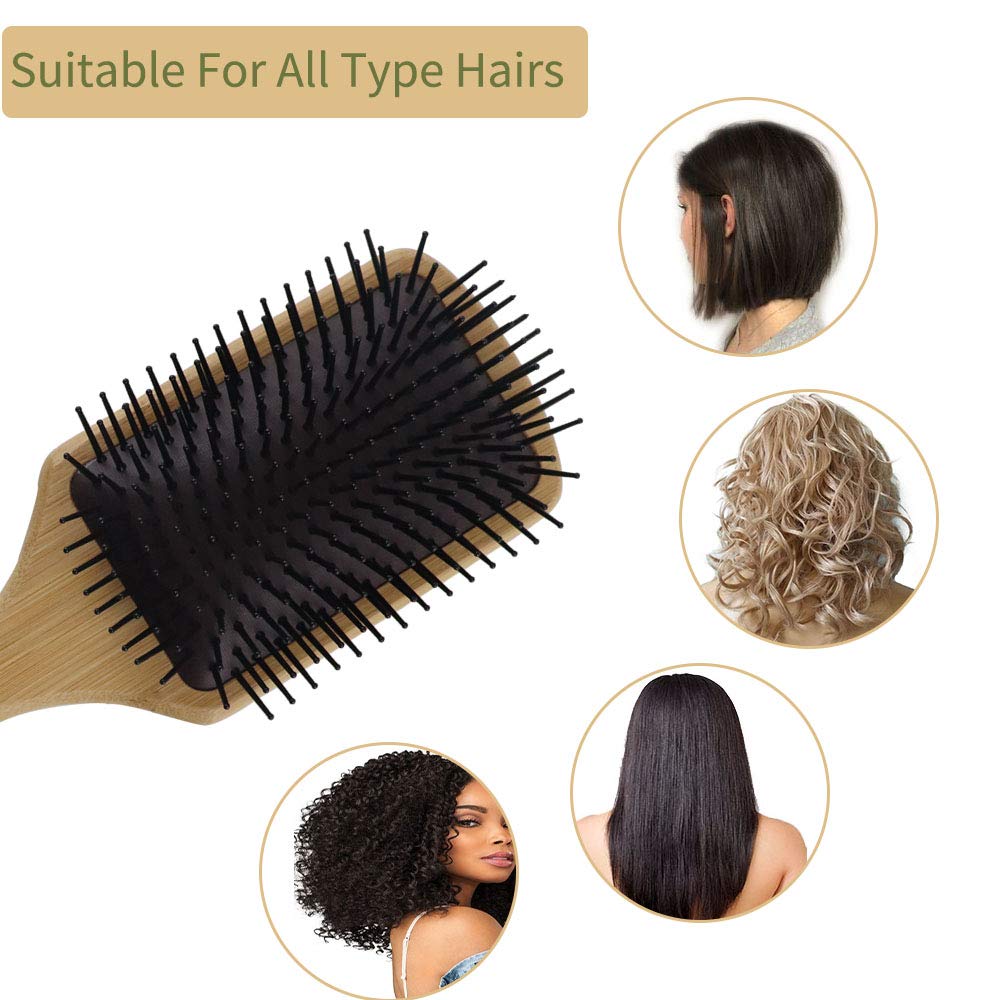 Greuame Hair Brush-Natural Bamboo Wooden Paddle with Ball-Tipped Bristles Detangle Brush for Women, Men and Kids All Hair Types, Massage Scalp Reduce Frizz Improve Hair Texture
