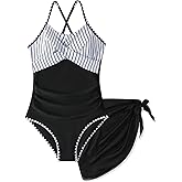 Sewetier Girls Swimsuit Criss Cross Ruched One-Piece Bathing Suit with Mesh Cover Up Skirt Adjustable Straps Swimwear 7-16Y