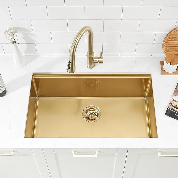 GZOII GOLD UNDERMOUNT WORKSTATION KITCHEN SINK, GOLD DECOR 30 INCH STAINLESS STEEL SINGLE BOWL KITCHEN SINK WITH ACCESSORIES, 30×18×9 INCH