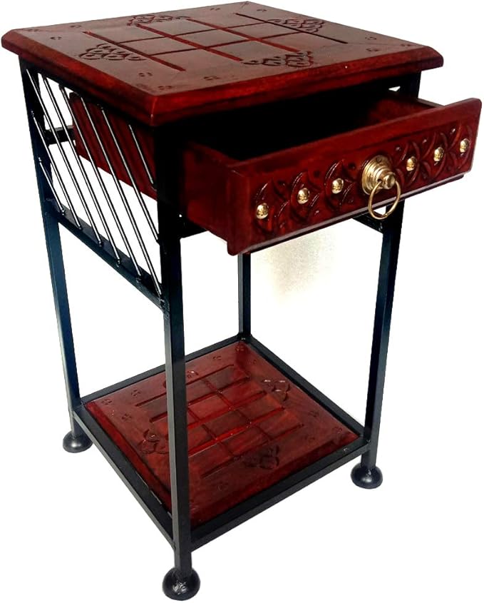 Wai Antique Wood Wrought Iron Bedside Table with Drawer/end Tables