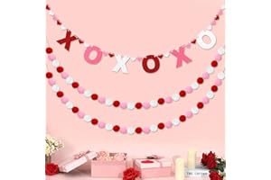 QOUBAI 3pcs Valentine's Day Garland Felt Ball Garland 10ft Pompom Garland Valentine Decorations XOXO Felt Ball Banner for Mantle Fireplace Room Valentine's Day Anniversary Engagement Party Supplies