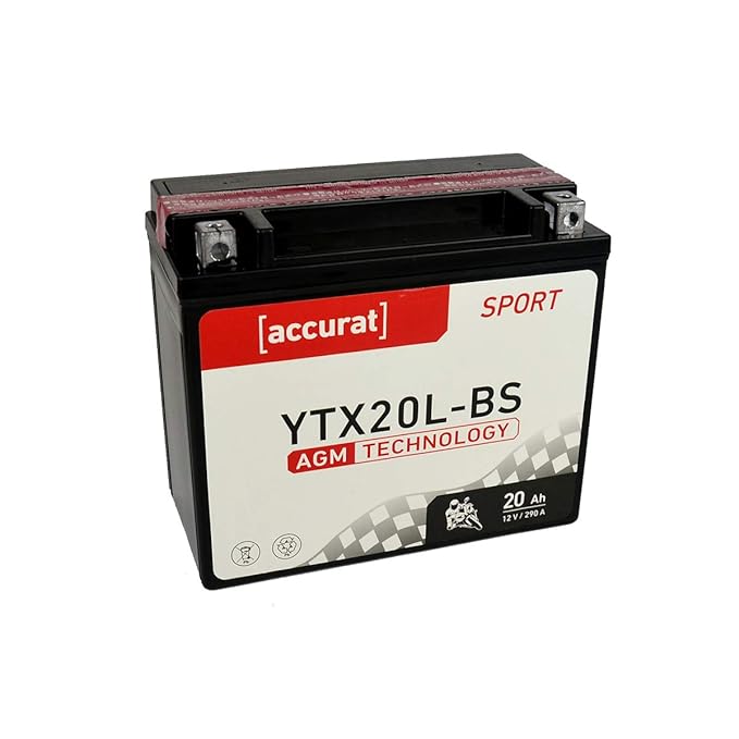 Accurat Motorradbatterie YTX20L-BS 20Ah 290A 12V AGM Starterbatterie in Erstausrüsterqualität leistungsstark robust vibration