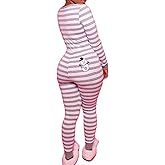 GUEMONG Women's Christmas Striped One Piece Pajamas Xmas Long Sleeve Bodycon Sleepwear Jumpsuit