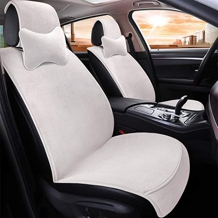 Amazon カーシートカバー一式 冬の豪華なシートカバー 車の前部座席と後部座席のカバーユニバーサルクッション カーインテリアアクセサリー 白 シートクッション 車 バイク