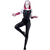 MARVEL Spider-Gwen Official Adult Zentai Halloween Costume - Hooded Spandex Jumpsuit with Printed Design and Pull On Mask