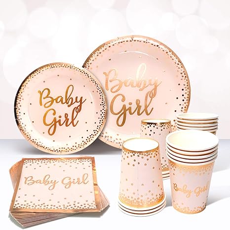 Amazon Com Sweet Baby Co Baby Shower Plates And Napkins Girl For 24 With Rose Gold Pink Paper Plates Dessert Plate Napkins Disposable Cups For Tea Party Supplies Or Floral Decorations Or Girls