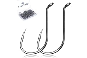 FishTrip Octopus Hooks Fishing Saltwater - 100pcs/50pcs Offset Beak Fish Hooks/Closed Eye/Barded/Black for Fishing Rigs Bass Catfish