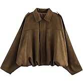 Talakeno Womens Faux Suede Bomber Jacket Casual Lightweight Batwing Long Sleeve Oversized Coat Streetwear Outfits