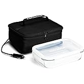 HOTLOGIC Mini Portable Electric Lunch Box Food Heater with Glass Container - Food Warmer and Heated Lunch Box for Adults Car/Home - Cook, Reheat, and Keep Your Food Warm - BLACK - 12V