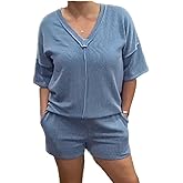 Women's Ribbed V-Neck Short Sleeve Lounge Set, Casual 2 Piece Top and Shorts