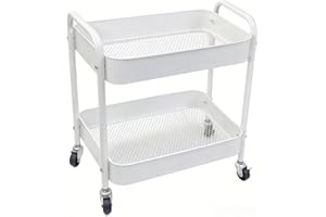 Ufriandz Under Desk Storage Cart 2 Tier Utility Rolling Cart with Wheels, Small Metal Mobile Trolley with Handle Two Tiered Utility Organizer Roller for Kitchen Office Bathroom Pantry Room, White