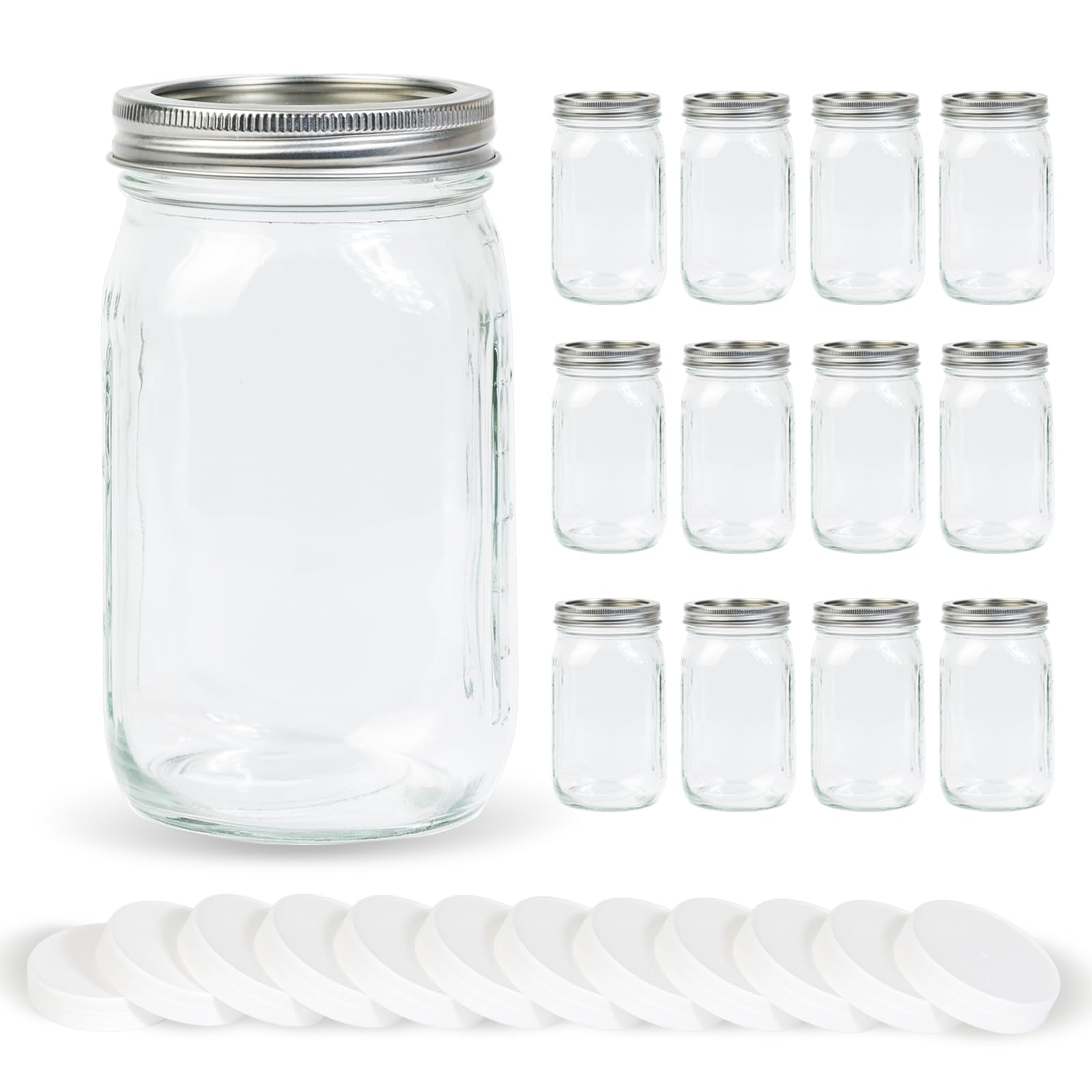 Photo 1 of Yodecy 12 Pack 32 oz Clear Wide Mouth Mason Jars with Airtight Lids and White Plastic Mason Jar Lids, Canning Jars, Glass Jars for Canning, Food Storage, Overnight Oats, Fermenting, Pickling