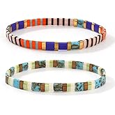 Ustome Tila Flat Square Beaded Bracelets Set for Women Men, Boho Handmade Stackable Trendy Colorful Stretch Accessories Jewelry, Summer Beach Daily Friendship Gift