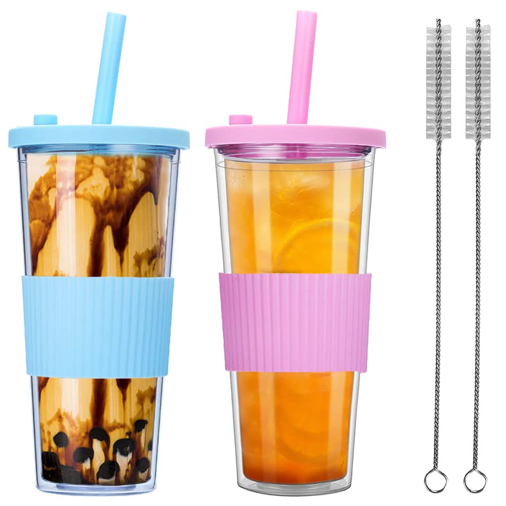 BEVKAF 2 Pack Reusable Boba Tea Cups, 24oz Leakproof Double Wall Smoothie Tumbler, Iced Coffee Cup, Wide Straw for Bubble Tea (Blue & Pink)