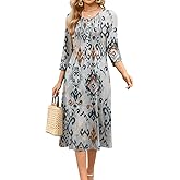 Soesdemo Long Sleeve Dress for Women Casual V Neck Pleated Button Down 3/4 Sleeves Knee Length Midi Dresses with Pockets