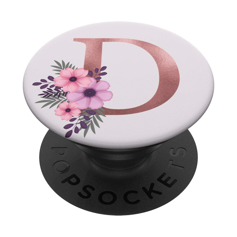 Rose Pink Purple Flowers Design with Monogram Letter D Black PopSockets PopGrip: Swappable Grip for Phones & Tablets