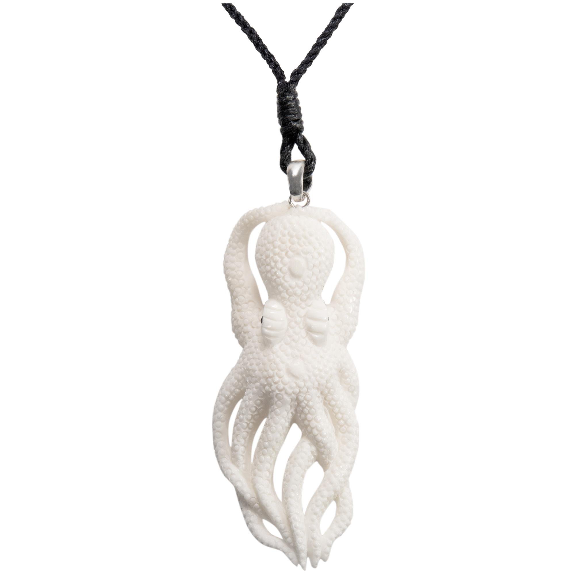 81stgeneration 925 Silver Hand-Carved Bone Octopus Cord Necklace – Large Nautical Sea Monster Pendant for Men - Marine-Life Kraken Pirate Surfer Jewellery - Giant Squid Ocean Creature Talisman