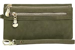 ASLANA Soft Leather Long Wallet Wristlet with hand Strap Clutch Bag for Women Card holder Phone Bag (Olive Green)