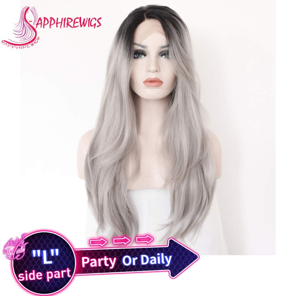 Sapphirewigs Black Roots Ombre Gray Two Tone Color Cheap Nature Wave Heat Resistant Hair Women Daily Makeup Synthetic Lace Front Wigs