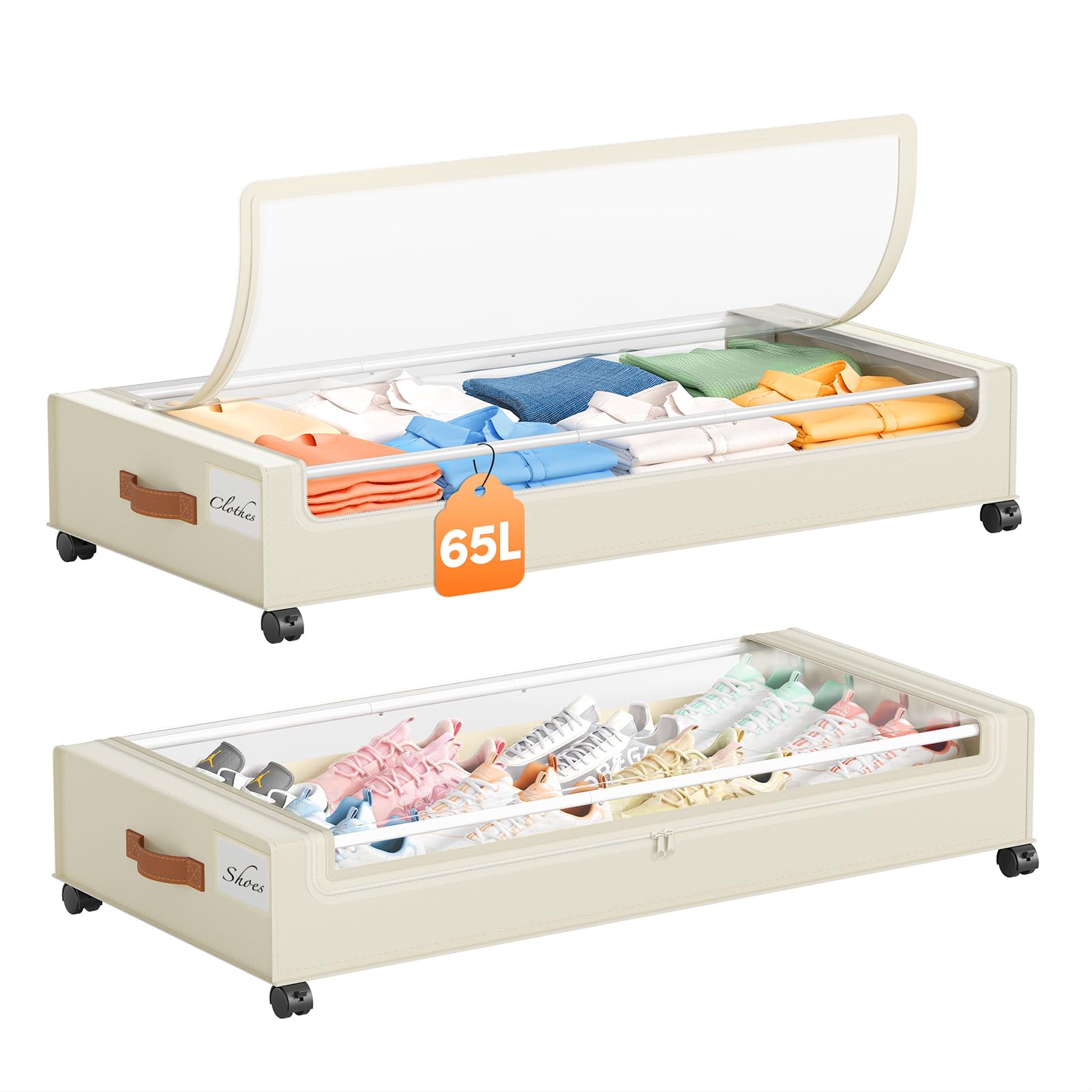 Photo 1 of Yecaye Under Bed Storage with Wheels 2 Pack, 65L Large Capacity Under Bed Storage Containers with Metal Frame & Clear Lid, Rolling Underbed Organizer Bins Drawers for Clothes, Shoes, Blankets, Beige
