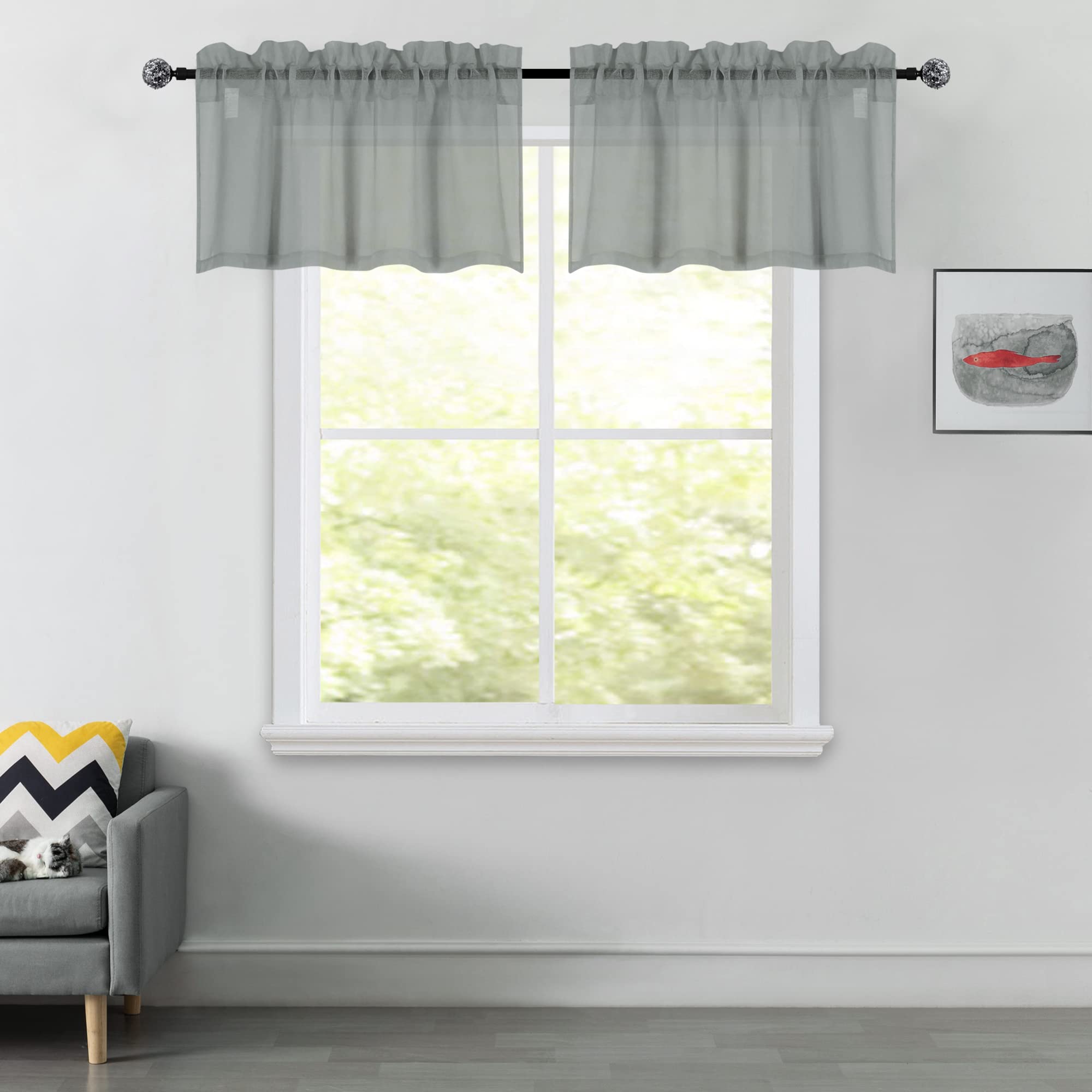 Photo 1 of DUALIFE 2 Panels Grey Sheer Valance - Basement Semi Sheer Valances for Kitchen Window Dressing with Rod Pocket (Gray,52 by 18 Inches Long)