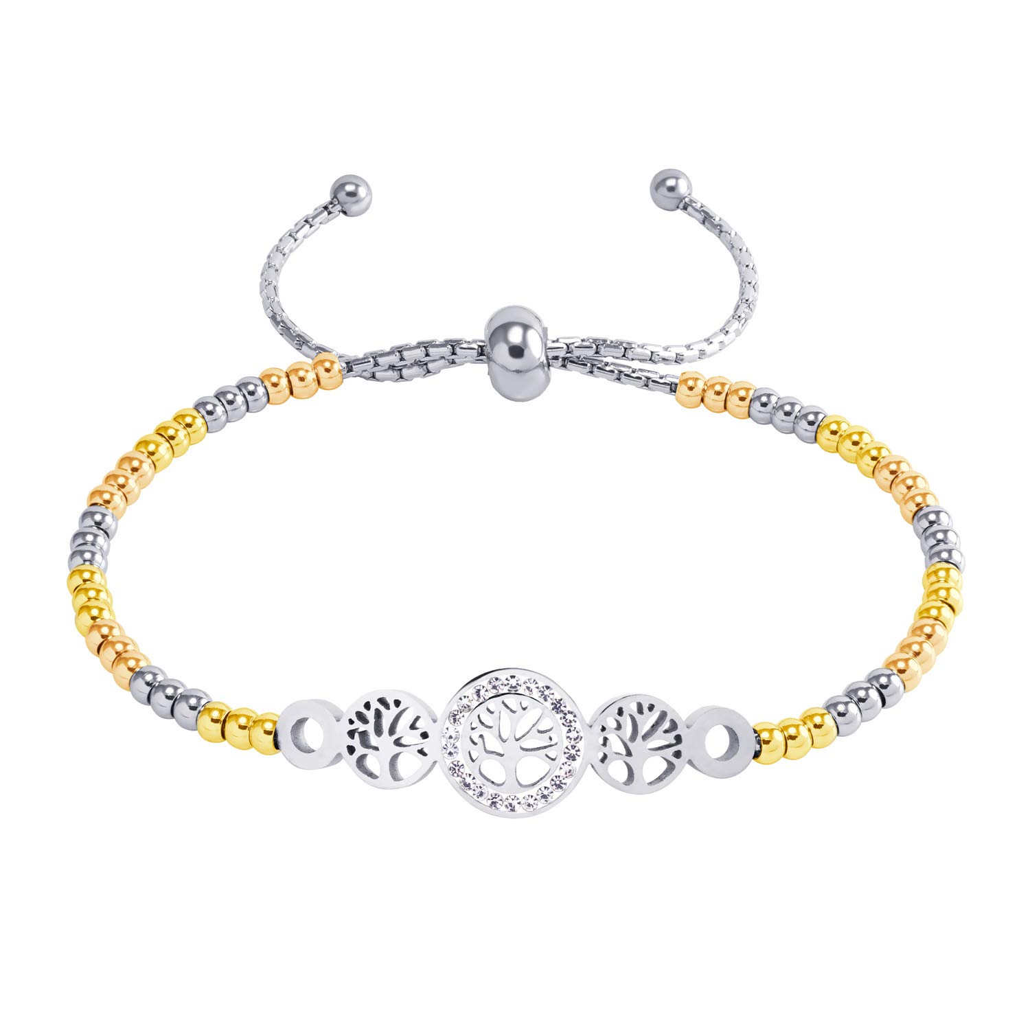 555Jewelry Stainless Steel Tree of Life Bracelet, Adjustable Slider Cuff Bangle Beaded Ball Chain Bolo Bracelets for Women, Cubic Zirconia Bracelets for Women, Silver/Gold/Rose Gold