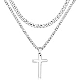 Fiusem Valentines Gifts for Him - 2 Pcs Cross Chain Necklace for Men and Women, Silver/14K Gold Plated/Black Layered Mens Cross Necklaces Stainless Steel Cross Pendant with Cuban Link and Box Chain 16-26 Inch