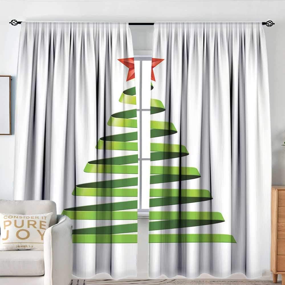 NUOMANAN Curtain Panels,Set of 2 Christmas,Ribbon Design with Tree Topper Star Symbol for New Year Celebration,Yellow Green Vermilion,Modern Farmhouse Country Curtains 72"x96"