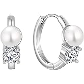 RGEMCY Pearl Hoop Earrings for Women 925 Sterling Silver Cubic Zirconia Freshwater Pearl Huggie Earrings Birthday Party Jewelry Gifts