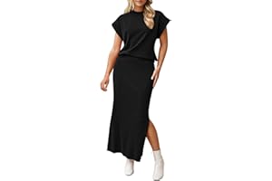 Pink Queen Women's 2 Piece Sweater Outfits Set Summer Cap Sleeve Tops Bodycon Maxi Long Skirt Knit Dresses