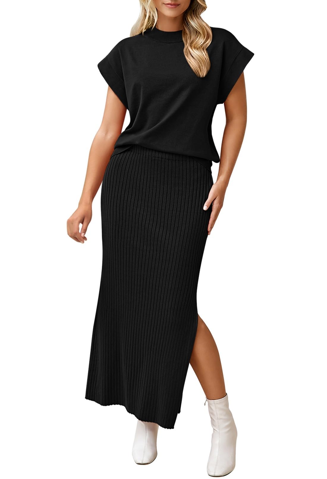 Photo 1 of **ONLY TOP**Pink Queen 2 Piece Skirt Outfits for Women Loose Knit Sweater Top Ribbed Going Out Bodycon Dresses Lounge Set Black S