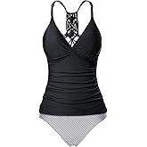 Holipick Tummy Control Two Piece Tankini Set Swimsuits for Women V Neck Tankini Top Bathing Suits with Swim Bottom