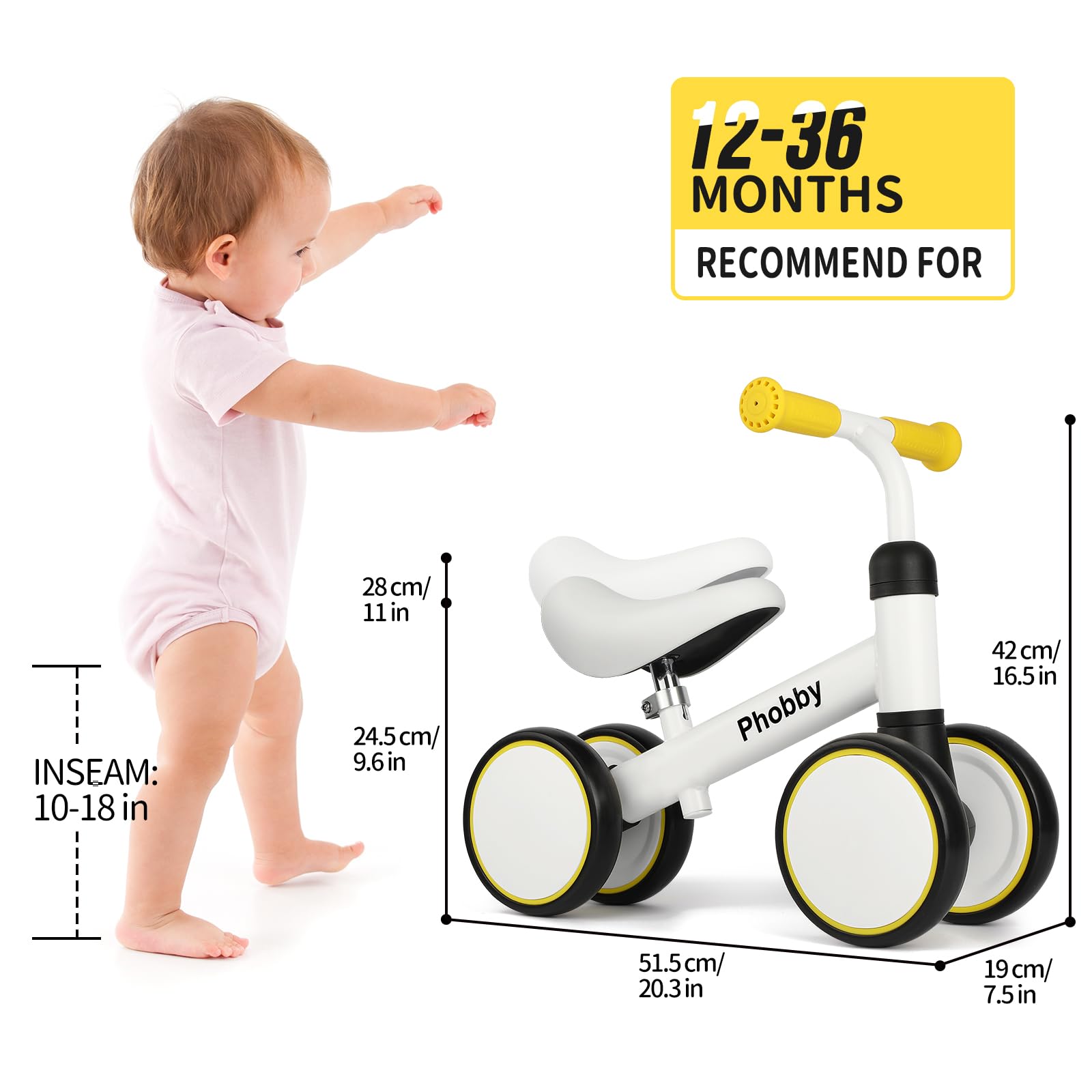 Baby Balance Bike for 1 2 3 Years Old Boys Girls, 4 Wheels Toddler Bike with Adjustable Seat, 12-36 Months Kids First Birthday Toy Gift