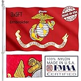 Double Sided Embroidered United States Marine Corps Flag 3x5 Outdoor Made In USA- Heavy Duty 3Ply Nylon US Marine Corps Flags Banners with White Starting Tape and 2 Brass Grommets