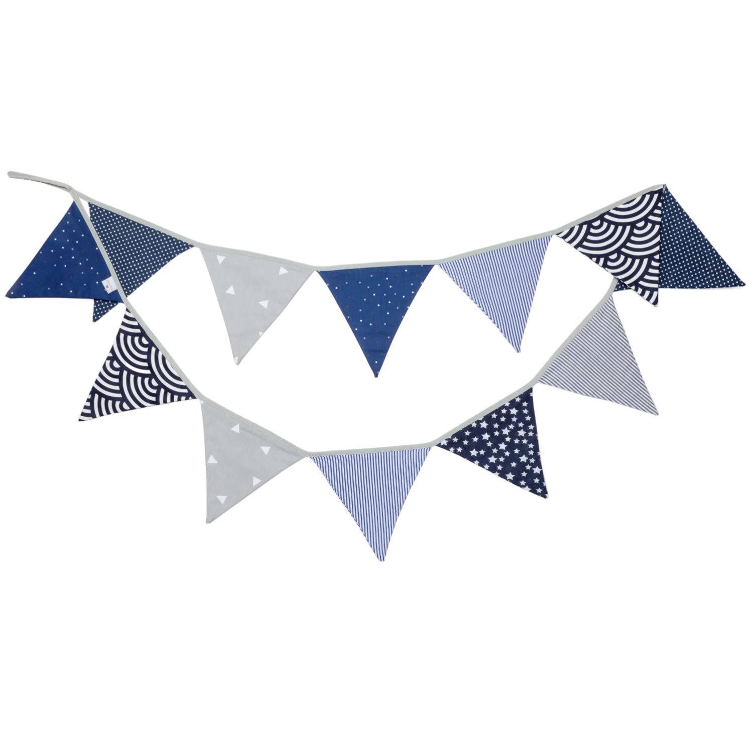 PREMYO Fabric Bunting Flags - Baby Shower Decorations Boys Nursery - Colourful Double Sided Banner Blue Grey