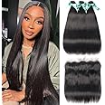 ALLRUN Straight Human Hair Bundles with Frontal 13x4 Ear to Ear Brazilian Straight Virgin Hair 3 Bundles with Lace Frontal Human Hair Extensions(14 16 18+14Lace Frontal)