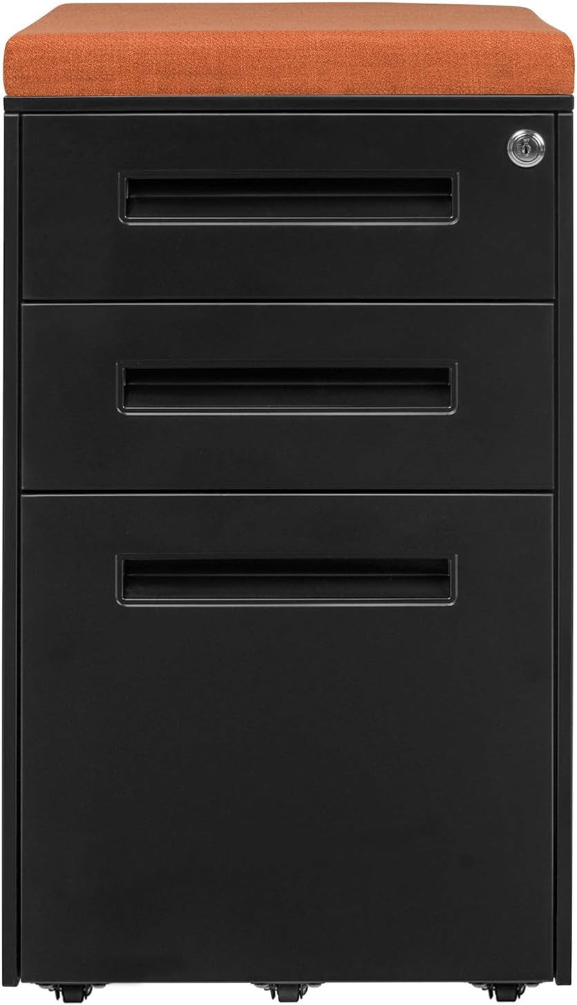 Stockpile Seated 3 Drawer Mobile File Cabinet With Removable Magnetic Cushion Seat Pre Assembled Black With
