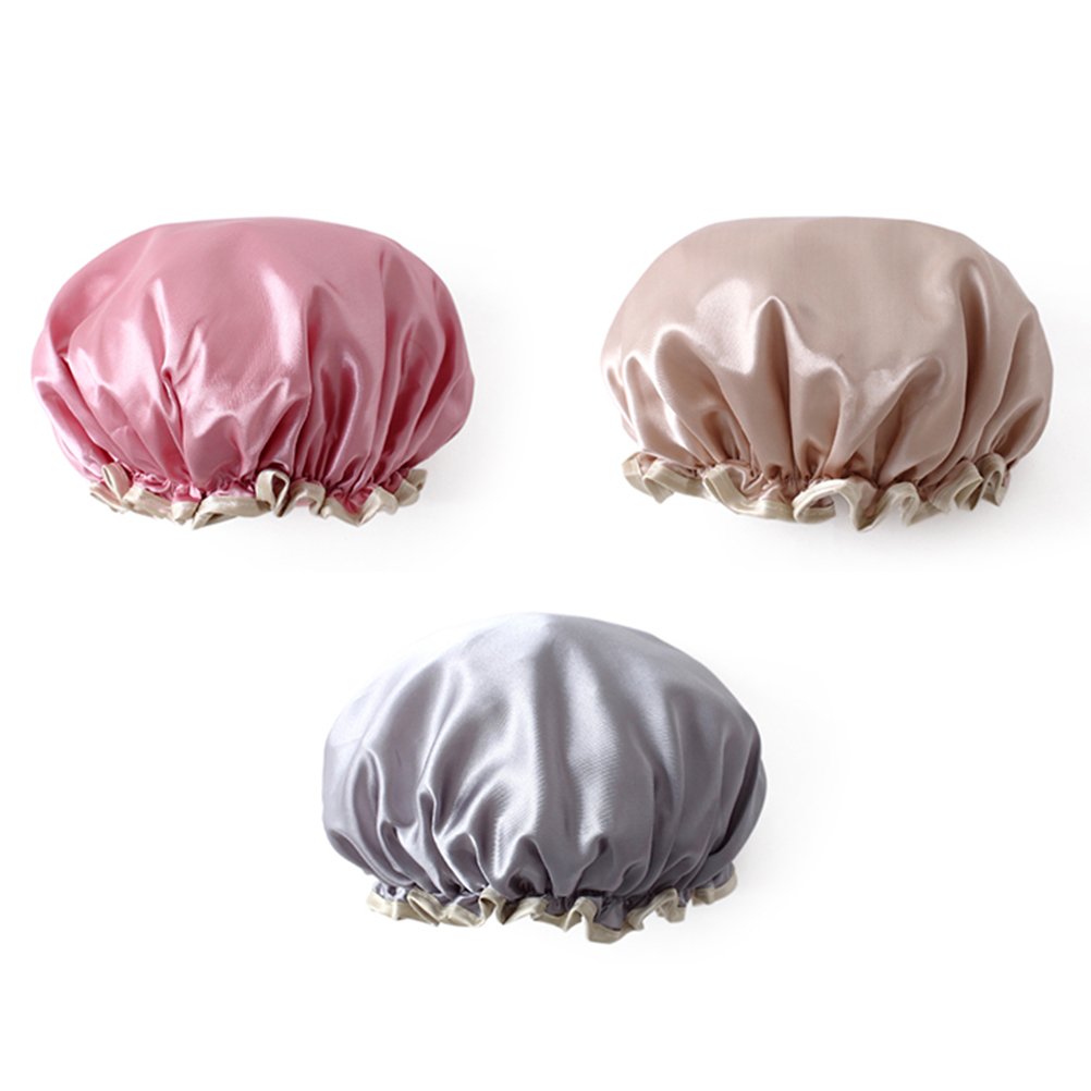 FRCOLOR Waterproof Shower Cap 3 Pieces Elastic Bath Hair Caps 11.4 Inch Double Layer Hair Protection for Shower Spa Makeup and Cooking
