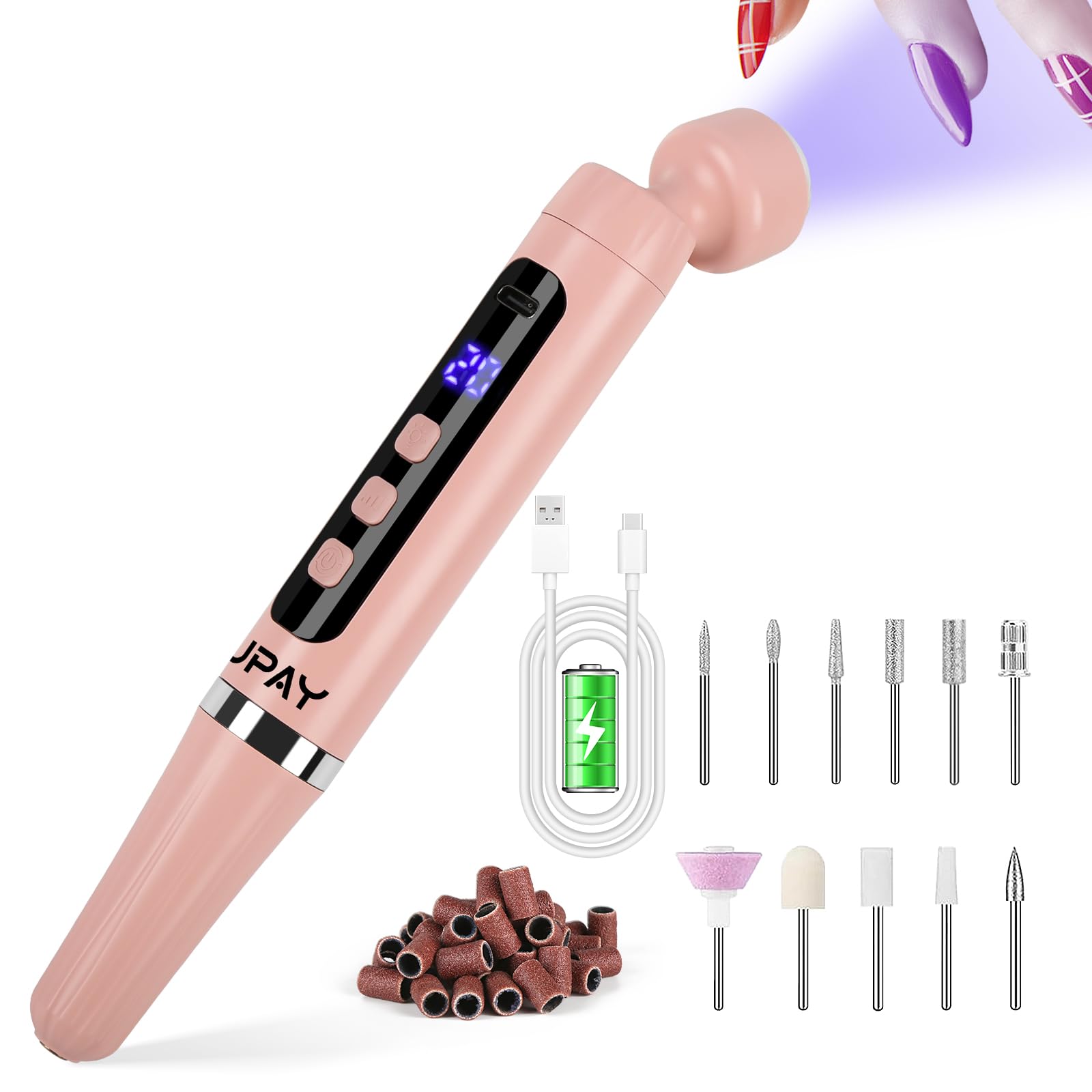 GUPAY Electric Nail File with U V Nail Lamp 2-in-1, Portable Cordless Nail Drill Machine for Acrylic Gel Nails, 5 Speeds Professional E File Manicure Pedicure Kit for Home and Salon Use