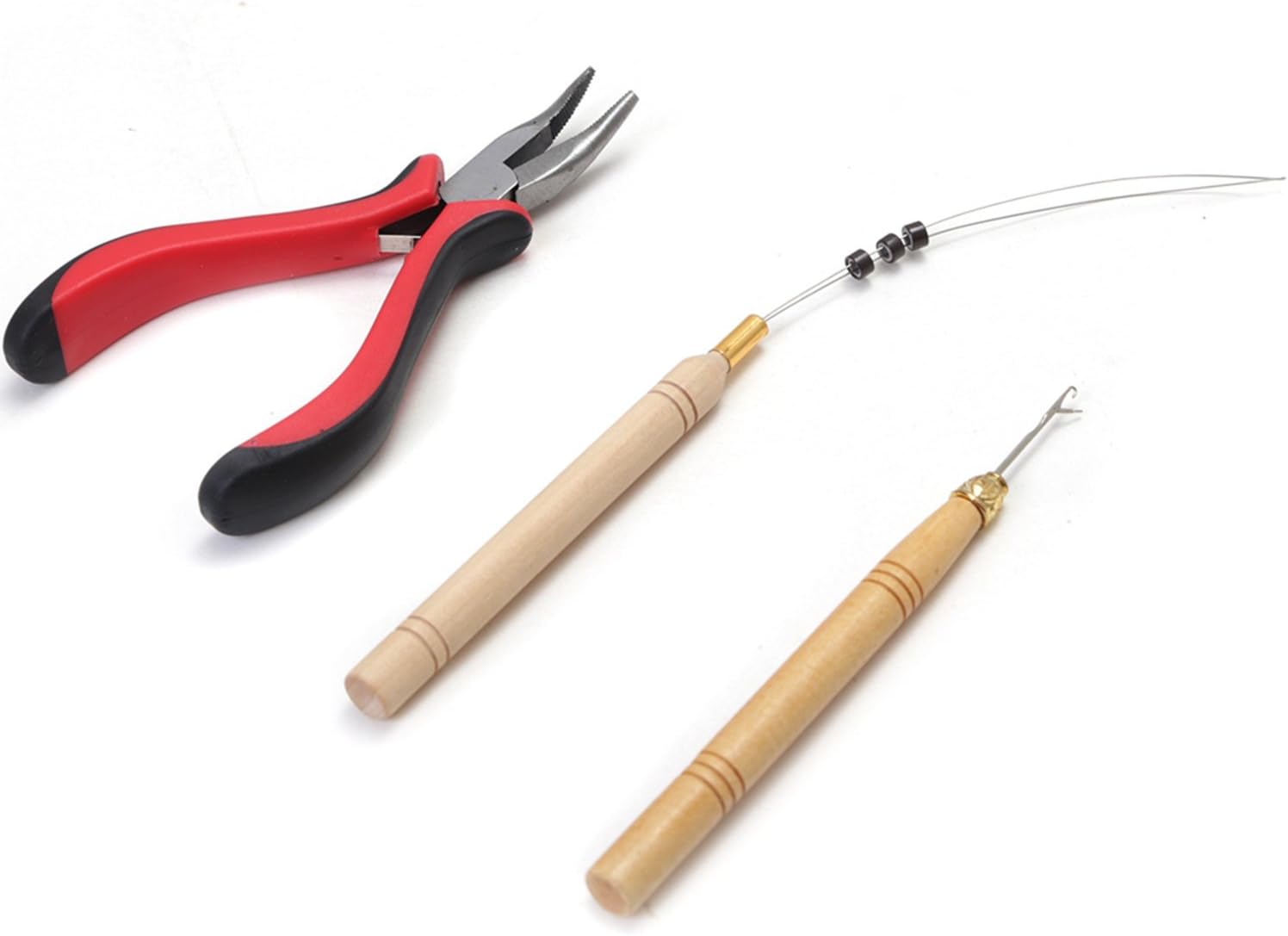 Vlasy 3Pcs Kits for Micro Ring Link Hair Extensions Loop Thread Pulling Bead Devices Pliers (Wood Color)