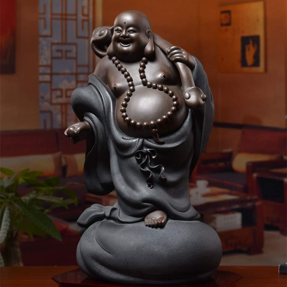 Laughing Buddha Statue For Good Luck Wealth And Happiness,Chinese Black Ceramic Big Belly Maitreya Standing Figurine For Zen Meditation,Handmade Sculpture Ornamentfor Home Desk Decor