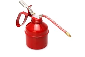 QWORK Steel Pistol Type Oiler - 12 OZ (400ML) Capacity Manual Pump Oil Can, Red, Flexible Tube
