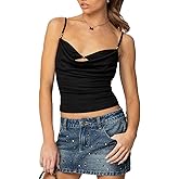 Women Cowl Neck Camisole Y2k Spaghetti Strap Layered Bra Cut Out Tank Top Beaded Solid Color Slim Fit Cami Top