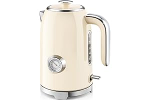 SUSTEAS Electric Kettle - 57oz Hot Tea Kettle Water Boiler with Thermometer, 1500W Fast Heating Stainless Steel Tea Pot, Cordless with LED Indicator, Auto Shut-Off & Boil Dry Protection, Beige