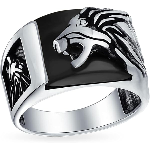 Two Tone 925 Sterling Silver Vine Embossed Animal Lion Head Ring