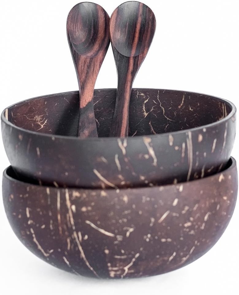 OrganicMe Coconut Bowl and Spoon (Set of 2) - 100% Natural, Hand made, Polished with Coconut Oil, durable, lightweight, easy clean, long lasting, vegan friendly. For Breakfast, Serving, Decoration