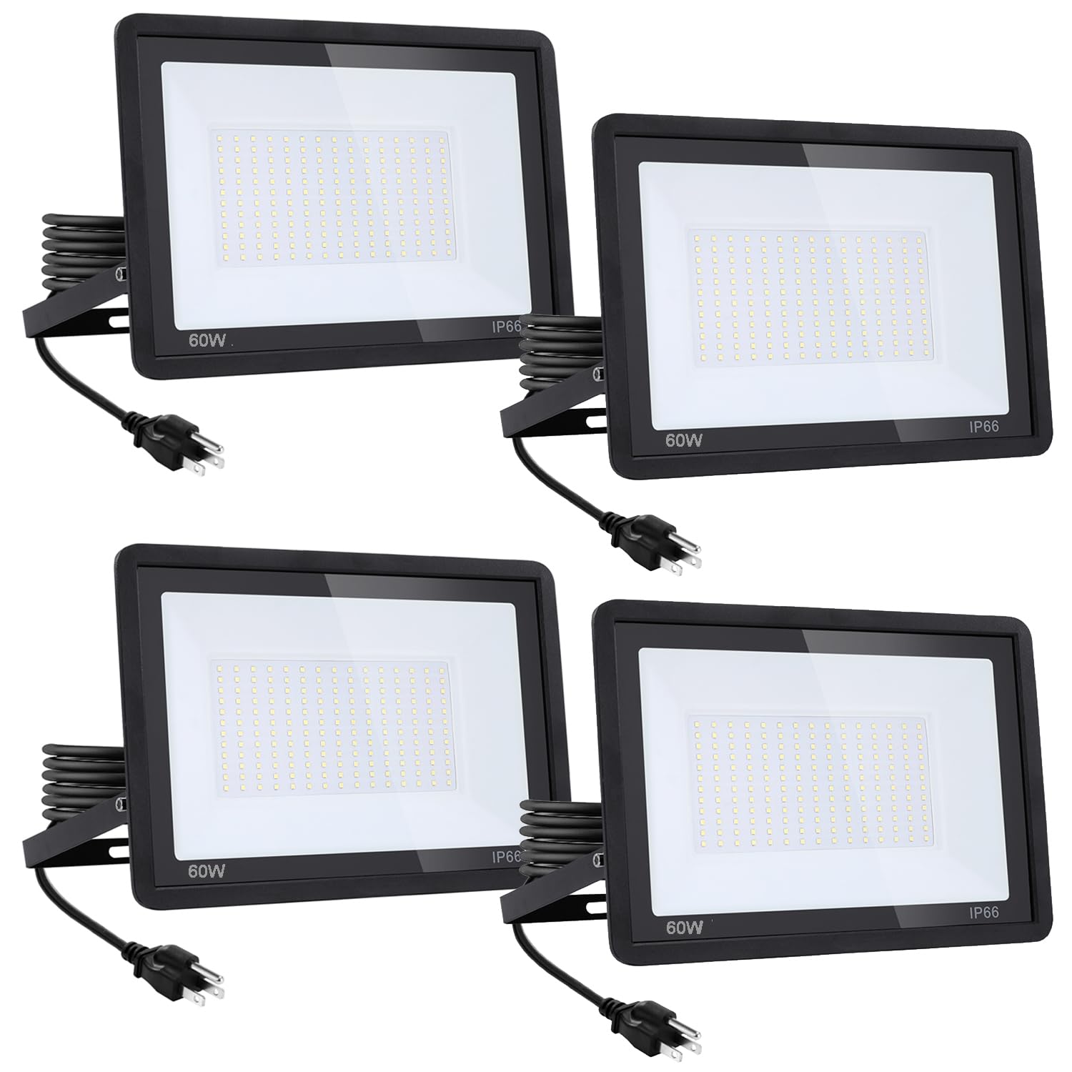 Photo 1 of 4Pack-60W LED Flood Light Outdoor,6600lm LED Work Light with 6FT US Plug,IP66 Waterproof Exterior Security Lights,6000K Daylight White Outside Floodlights Slim design for Playground Yard Stadium