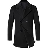 HOOD CREW Men's Classic Double Breasted Wool Blend Pea Coat Notched Collar Winter Business Overcoat Trench Coats