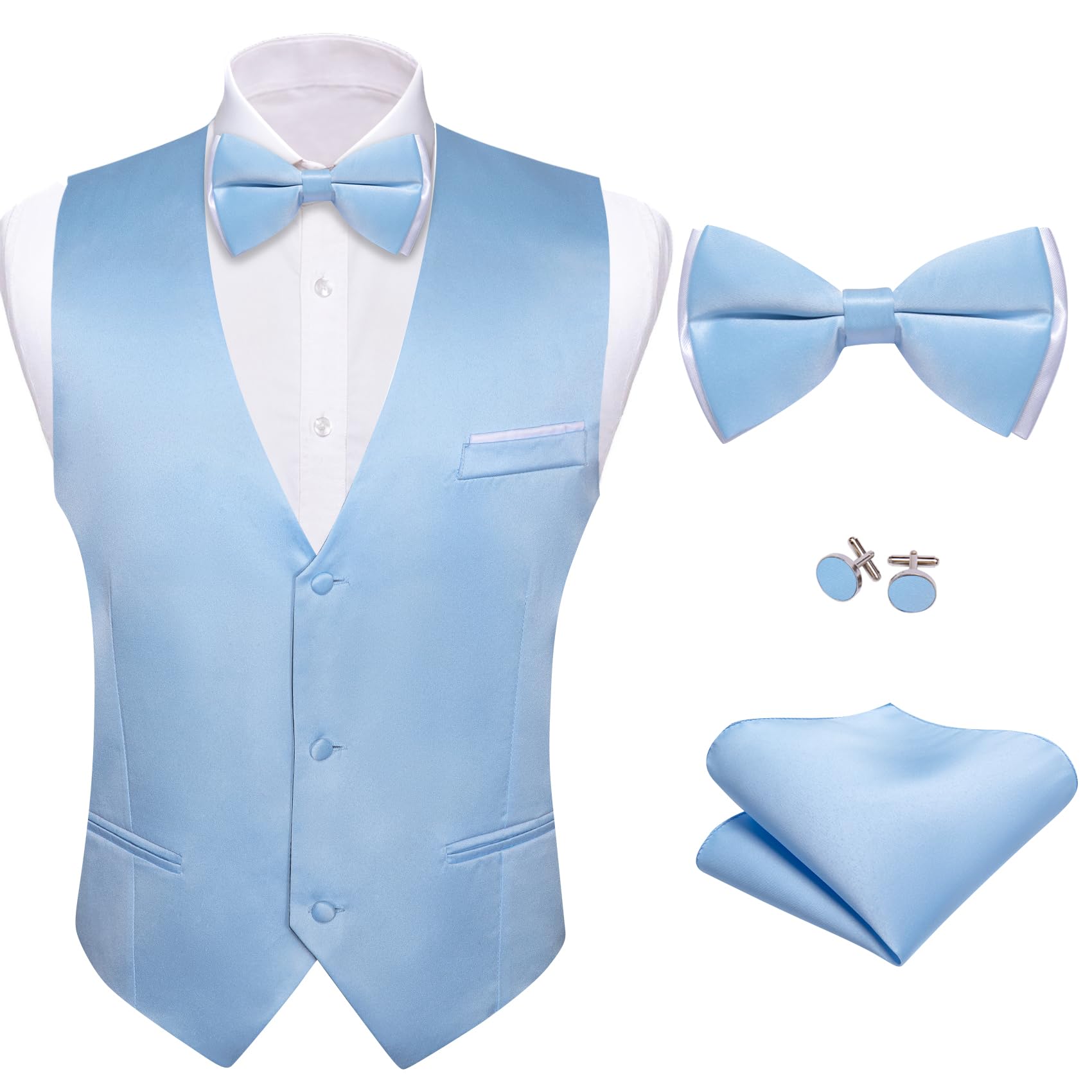 Photo 1 of Barry.Wang Mens Baby Blue Formal Suit Vest V-neck Regular Fit Casual Waistcoat Bowtie Set for Prom